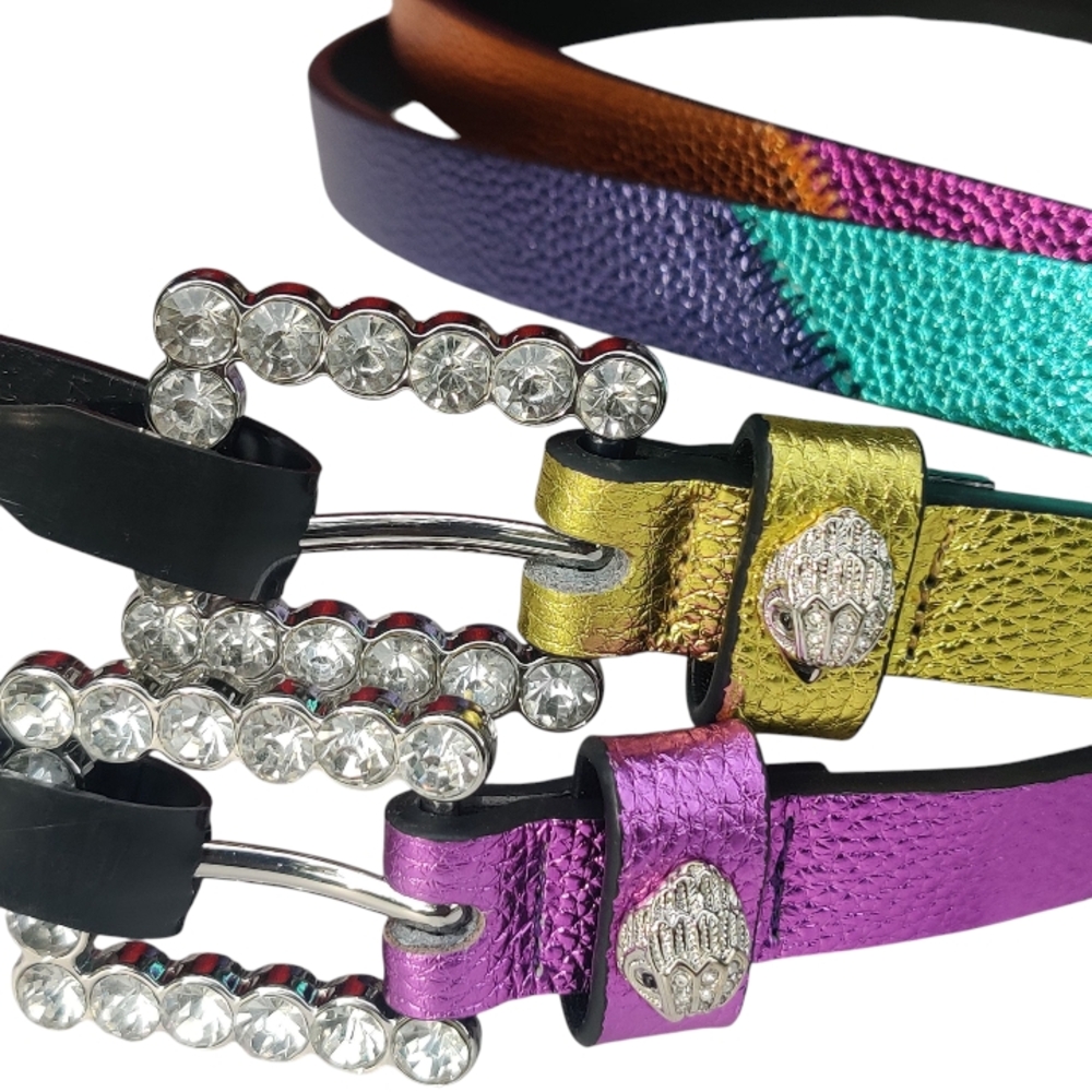 Kurt Geiger London Leather Metallic Belt Set w/ Rhinestone Buckles Eagle Head